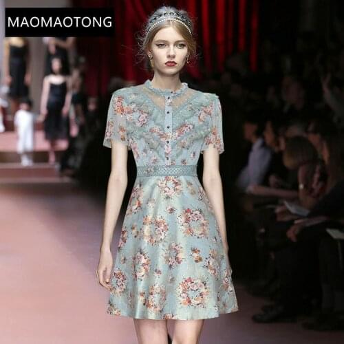 Fashion Runway Summer Party VintageMini Dress Womens Mesh Splicing Short Sleeve Floral Print Short Jacquard Dress