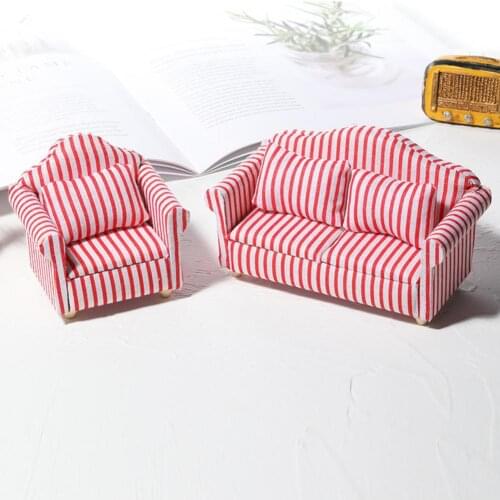 1/12 Dollhouse Cute Mini Furniture Stripe Pattern Sofa Model Toy Decor DIY Craft Gift Miniature Decor Accessory Children Toy