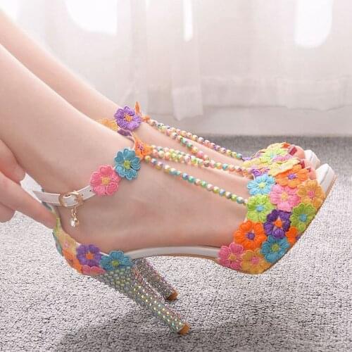 2021 summer new fish mouth beaded rhinestone stiletto sandals lace party dress shoes large size bride bridesmaid shoes women