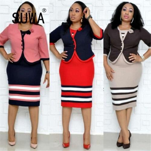 2021 Wholesale Plus Size 6XL Office Clothing Elegant Work Wear Women Two Piece Set Slim Coats Jacket Vintage Casual Midi Dress