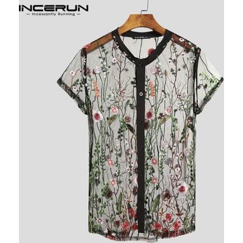 2021 Fashion Men Mesh Shirts Embroidered Short Sleeve Sexy See Through Tops Button Breathable Party Nightclub Shirts INCERUN 5XL