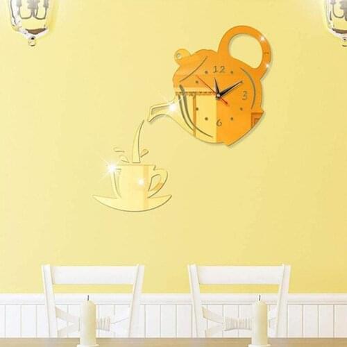 3D DIY Teapot Shape Wall Clock Acrylic Mirror Clock Modern Kitchen Home Decor Wall Sticker Hollow Digital Clock Home Decor