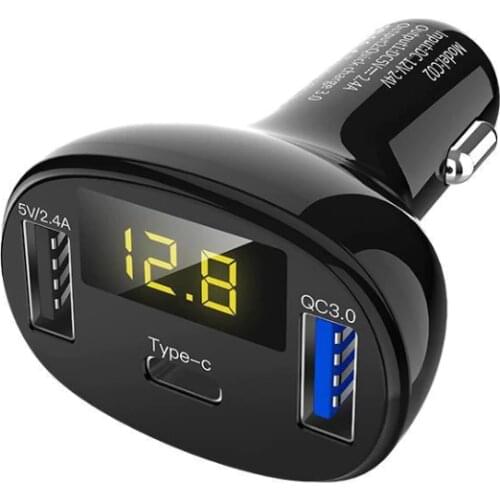 QC3.0 Car Charger 5V 2.4A Type-C Car Cigarette Lighter Dual USB Mobile Phone Charger with LED Screen For SAMSUNG XIAOMI iPhone