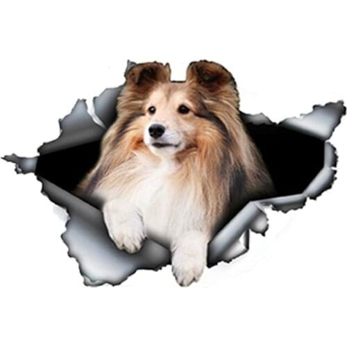 Car Styling Torn Sheltie Car Sticker 3D Pet Dog Car Decoration Torn Metal Decal Reflective Stickers 13cm X 9cm