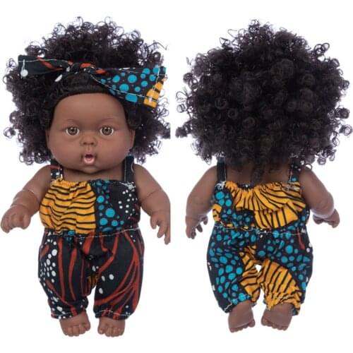 Black Skin African Black Baby Cute Curly Hair Dolls Black 8-Inch Vinyl Baby Toy Newborn Baby‘s Doll Gift juguetes para niños W