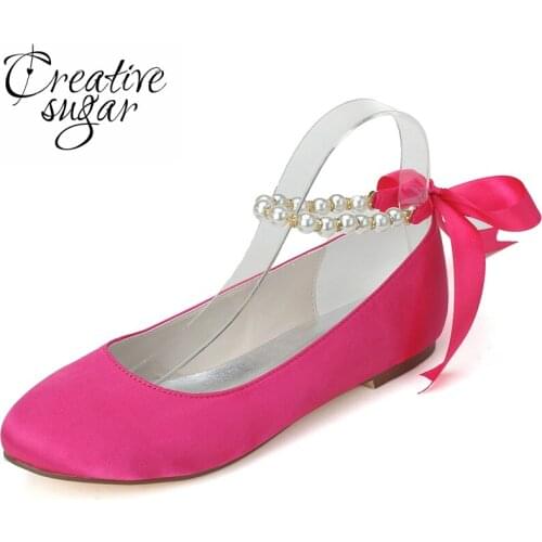 Creativesugar Fashion flat pearl ankle strap hot pink womens shoes wedding party prom casual shoes ribbon bow closed toe lady
