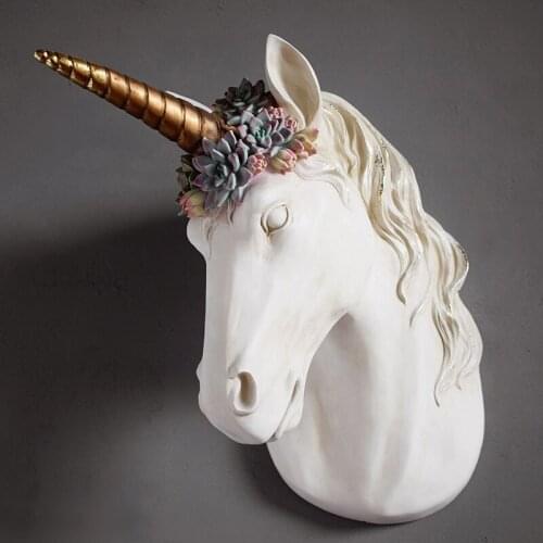 EUROPEAN RETRO UNICORN HEAD STATUE ANIMAL WALL DECORATION RESIN ART&CRAFT HORSE WALL HANGING SCULPTURE HOME DECORATIONS R2378