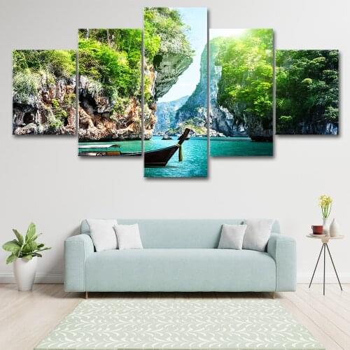 Modern Home Wall Artists Living Decoration Frame Picture 5 Pieces Phuket Natural Canyon Lake Landscape Printed on Canvas Post