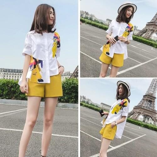 Summer Short Two Piece Set Women Hidden Breasted Loose Shirt Top + Yellow Wide Leg Mini Pants Female Work Wear Fashion Suits