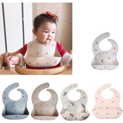 Cute Printing Baby Bibs Waterproof Soft Silicone Feeding Catcher Burp Cloth Adjustable Roll Up Food Pocket for Infant Boy Girl