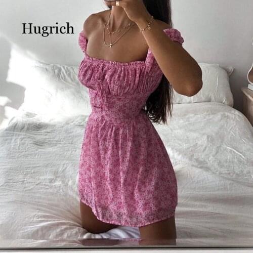Floral Print Fashion Ruched Sexy Backless Mini Sundress Puff Sleeve Cottagecore Holiday Dresses Women Clothes