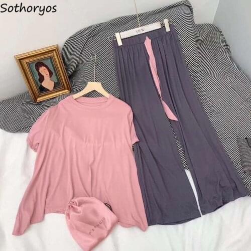 Pajama Sets Women Round Neck Modal Comfortable Elastic Waist Females Cozy Sleepwear Trousers Drawstring Loose Japan Style Trendy