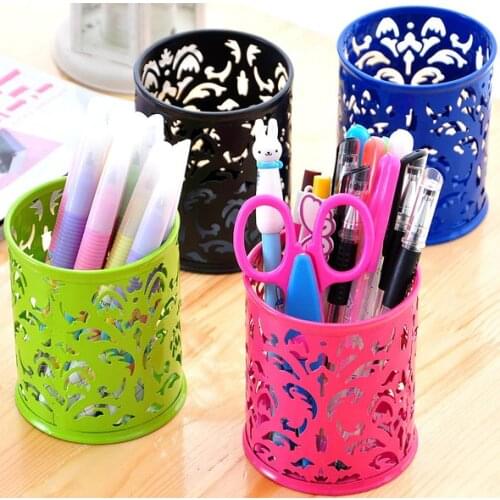 Multi Colors Choose Hollow Rose Flower Pattern Metal Pen Pencil Pot Holder Organizer Pen Or Pencil Cases