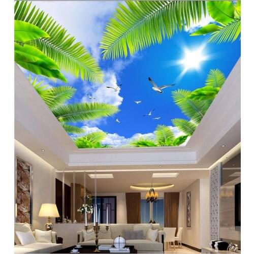Custom photo wallpaper Zenith ceiling Blue sky palm sun seabirds ceiling Landscape wallpaper murals