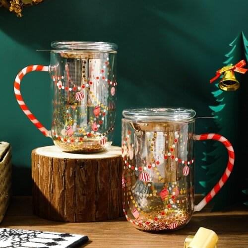 High Temperature Resistant Glass Star Wish Creative Christmas Tree Cup Double Office Mark Coffee Cup with Filter Screen