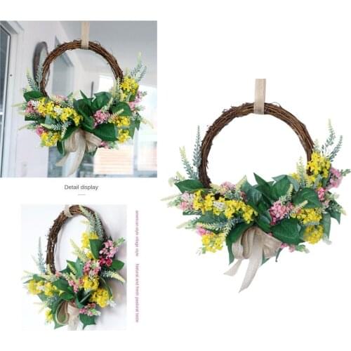 Handmade Lavender Wreath Floral Artificial Simulation Garland Wreath with Rattan Ring and Bow Ribbon