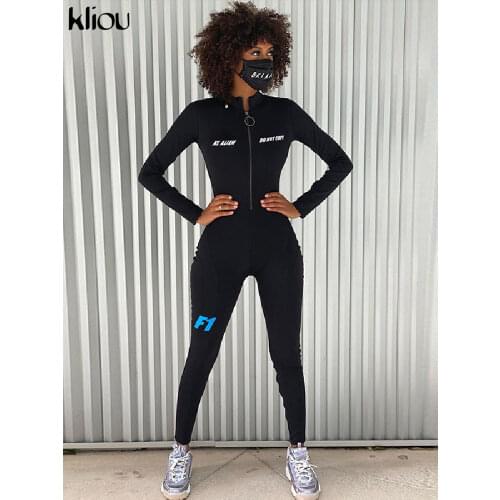 Kliou Letter Print Bodycon Jumpsuits Women Skinny Slim Sporty Workout Spring Zipper One Piece Overalls Fitness Casual 2021