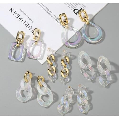 Golden and Clear Acrylic Links Post Earring Women`s Fashion Chunky Plastic Chain Drop Earrings