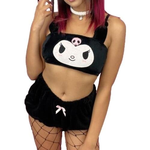 Women Japanese Anime 2 Piece Velvet Pajamas Set Cute Cartoon Evil Pattern Ears Tube Top Bloomers Shorts Sleepwear Kawaii Cosplay