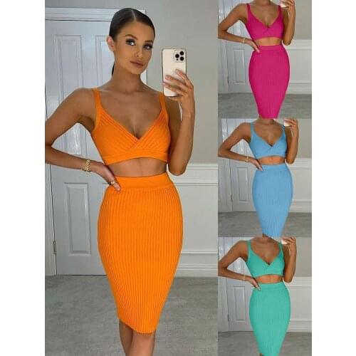 DEIVE TEGER 2021 Summer New Arrival Woman Two Pieces Set Bandage Midi Skirt Sets Sexy Deep V-neck Crop Top Womens Casual Suits
