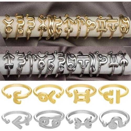 Simple Zodiac Sign Twelve Constellations Metal Adjustable Opening Ring For Women Charm Birthday Party Jewelry Gift Aries Leo