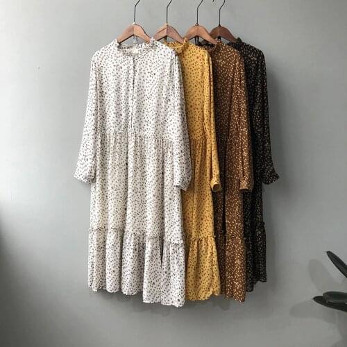 2020 Women Summer Long Dress Streetwear Long Sleeve Empire A-line Mid-Calf Chiffon Print Yellow Dresses Black Frocks for Women