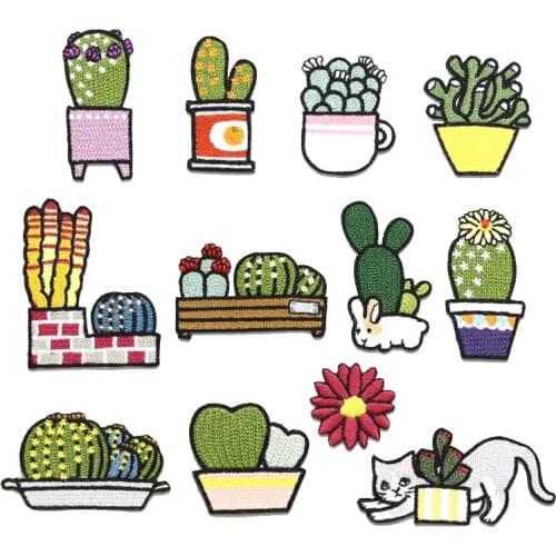 1 PCS Plant Cactus Cat Parches Embroidered Iron on Patches for Clothing DIY Stripes Clothes Coconut trees Stickers Custom Badges