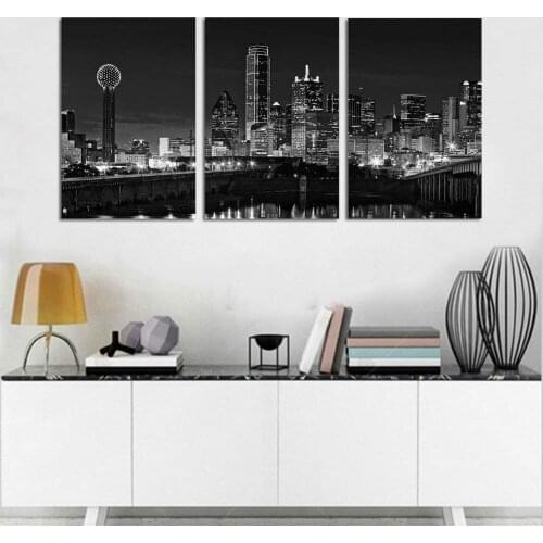 3 Panel Wall Art Beautiful Dallas Skyline Black And White Canvas Art Paintings Cityscape Skyscrapers Night Scene Drop shipping