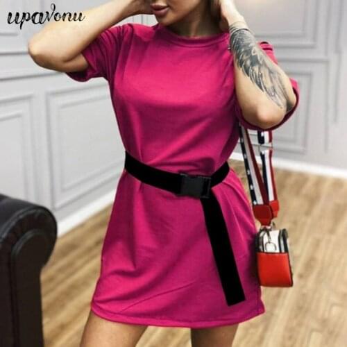 Free Shipping 2021 Summer New Womens Long T-shirt Dress Casual Round Neck Short Sleeve Loose Solid Color Long T-shirt with Belt