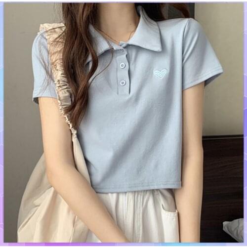 Heart Embroidery T-shirt Summer 2021 Short Sleeve T-shirts Japanese Solid Crop Top Polo Collar Tee Shirt Woman Clothes Blusas