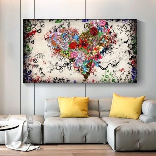 Hearts Flowers Oil Paintings on Canvas Abstract Wall Art Posters and Print Scandinavian Cuadros for Living Room Bedroom Decor