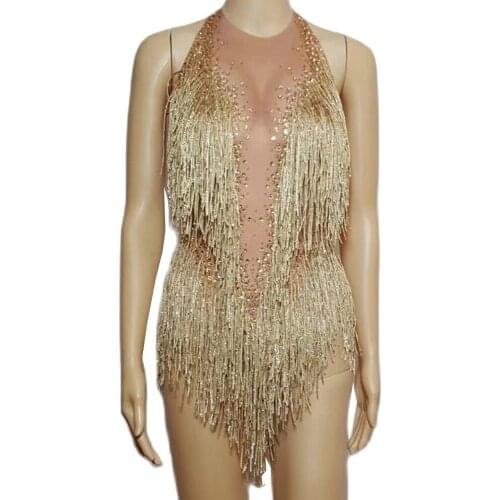 Sleeveless Gold Tassel Bodysuits Nightclub DJ Singer Dancer Performance Stage Wear Sparkly Diamonds Skinny Show Costumes
