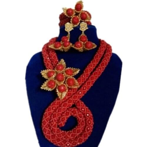 Dudo Store Red Bridal Jewellery With Handmade Gold Flowers Crystal Necklace Set for Wedding Women African Nigerian Party 2019