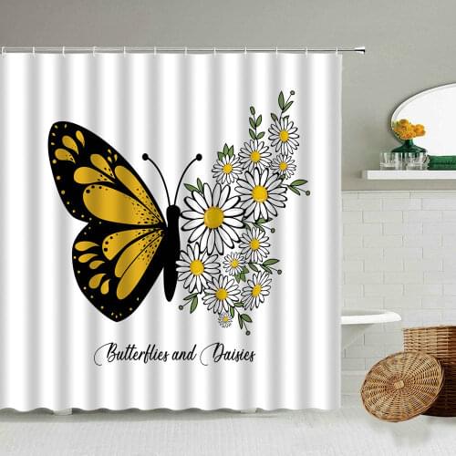 Creative Butterfly Daisy Flower Print Shower Curtain Set White Green Yellow Blue Bathroom Decoration With Hook Waterproof Screen