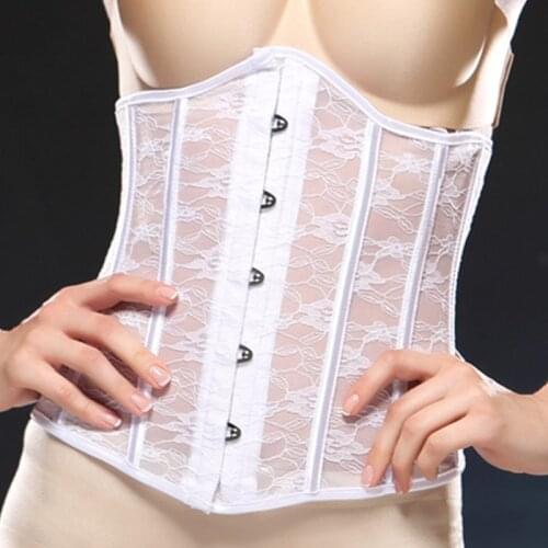 Lace Floral Corset Waist Trainer Shaper Sexy Transparent Outfit Bustier Underbust Boned Gorset Front Busk Corselet Black White