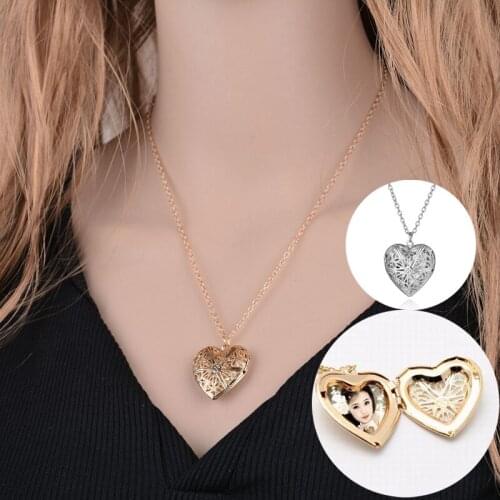 Gold Silver Color Necklace Unisex Hollow Out Love Heart Shape Openable Photo Frame Pendant Necklaces Romantic Gift For Couples