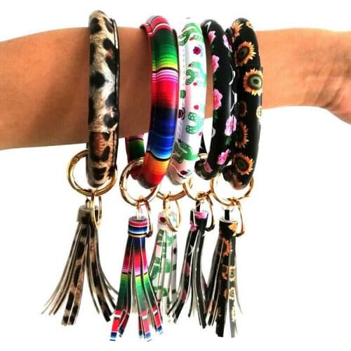 O Key Ring Leopard Keychain for Car Faux Leather Bangles Tassel Bracelet Large