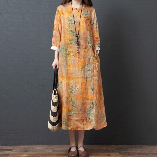 Summer Vintage Dress Women Plus Size Loose Printed Cotton And Linen Dress Casual Fashion Ladies Ethnic Linen Dress Mother Dress