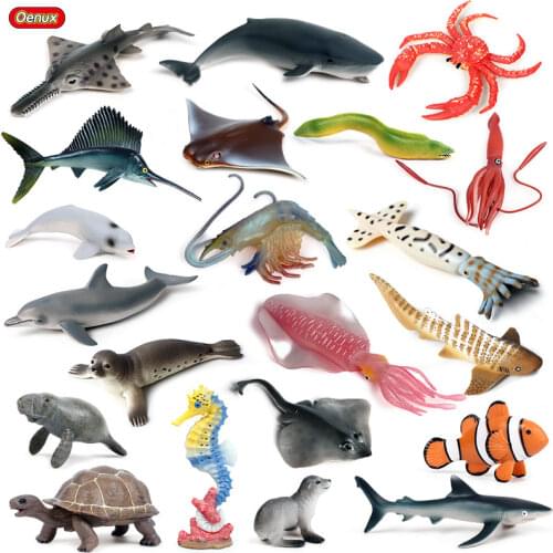 Oenux Marine Animals Dolphin Squid Shrimp Crab Shark Turtle Model Action Figures Sealife Aquarium Miniature Educational Kid Toys