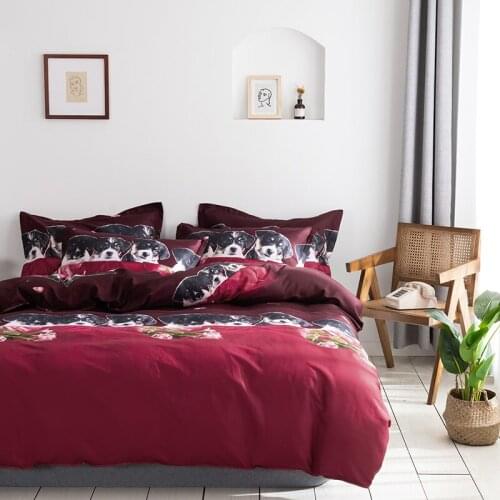 2021 New Red Flower Cute Dog Romantic Fantasy Comforter Bedding Set Queen Twin Single Duvet Cover Set Pillowcase Home Luxury
