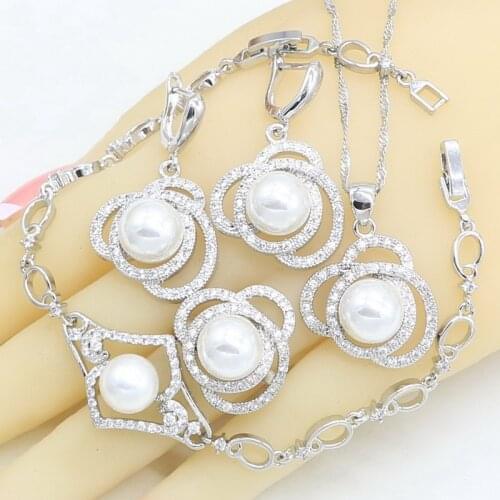 New Arrivals White Pearl Silver Color Jewelry Sets For Women Exquisite Bracelet Necklace Pendant Earrings Ring Birthday Gift