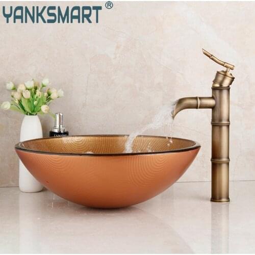 YANKSMART Round Tempered Glass Hand Painted Brown Washbasin Sink Deck Mounted Waterfall Antique Brass Mixer Water Tap Combo Kit