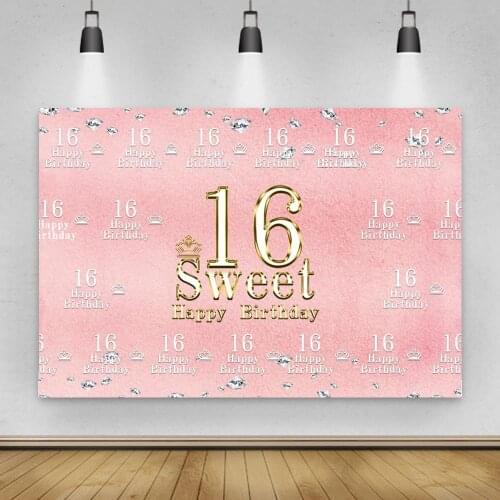Pink Sweet 15 16th Birthday Party Shiny Silver Diamond Dots Crown Customized Banner Photo Background Photo Backdrops
