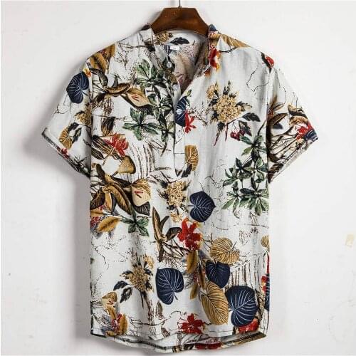 Camo Man Shirt Mens Ethnic Printed Stand Collar Cotton Linen Stripe Short Sleeve Loose Hawaiian Henley Shirt hawaiian shirt