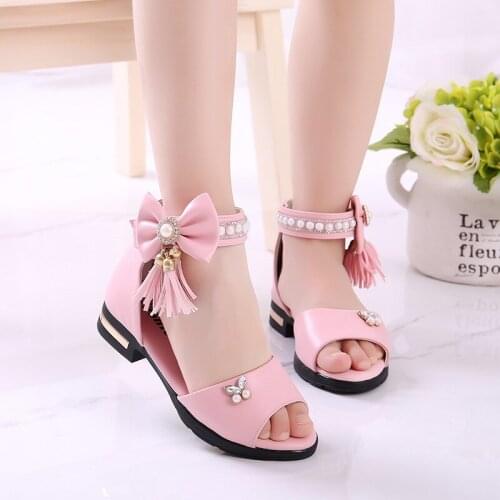 3 5 9 10 12 Years Kids Bow Sandals Children Girls Summer Cute Sandals Beach 2021 Princess Fashion High Heels Tassel School Shoes