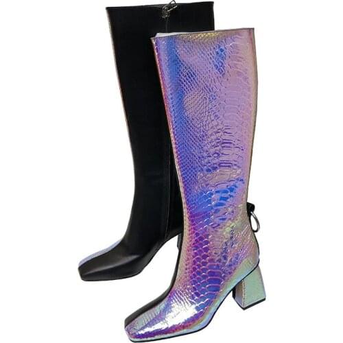 Stylish Laser Knee High Boots Square Heel Discolored Patchwork Side Zipper Snake Skin Shoes Women Winter Popular Square Toe Boot