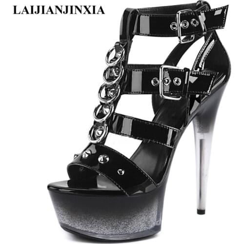 15 Cm Super High Heeled Shoes Thick Platform Open Toe Roman Hollow 6 Inches Stiletto Nightclub Pole Dancing Shoes Lady Sandals