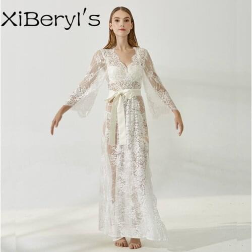 XiBeryls Long Flower Lace Bride Robe For Honnymoon Holiday