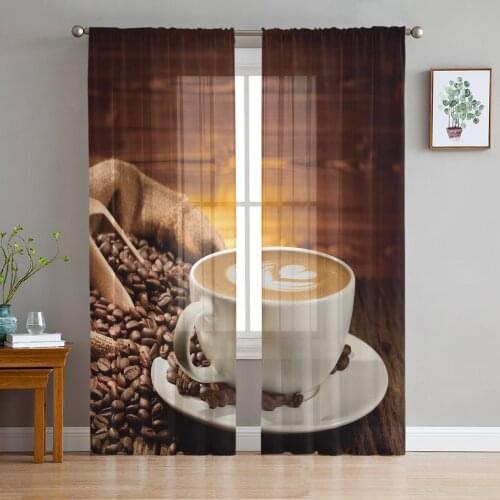 Coffee Cup Coffee Beans Window Treatment Tulle Modern Sheer Curtains for Kitchen Living Room the Bedroom Curtains Decoration