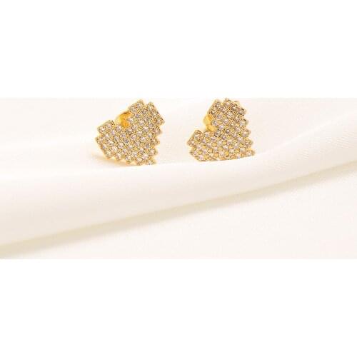 Ladies 24k Yellow Fine Solid Gold Coloured Crystal Heart Stud Earrings Bling Craft Embroider Map Large Womens Hip-Hop